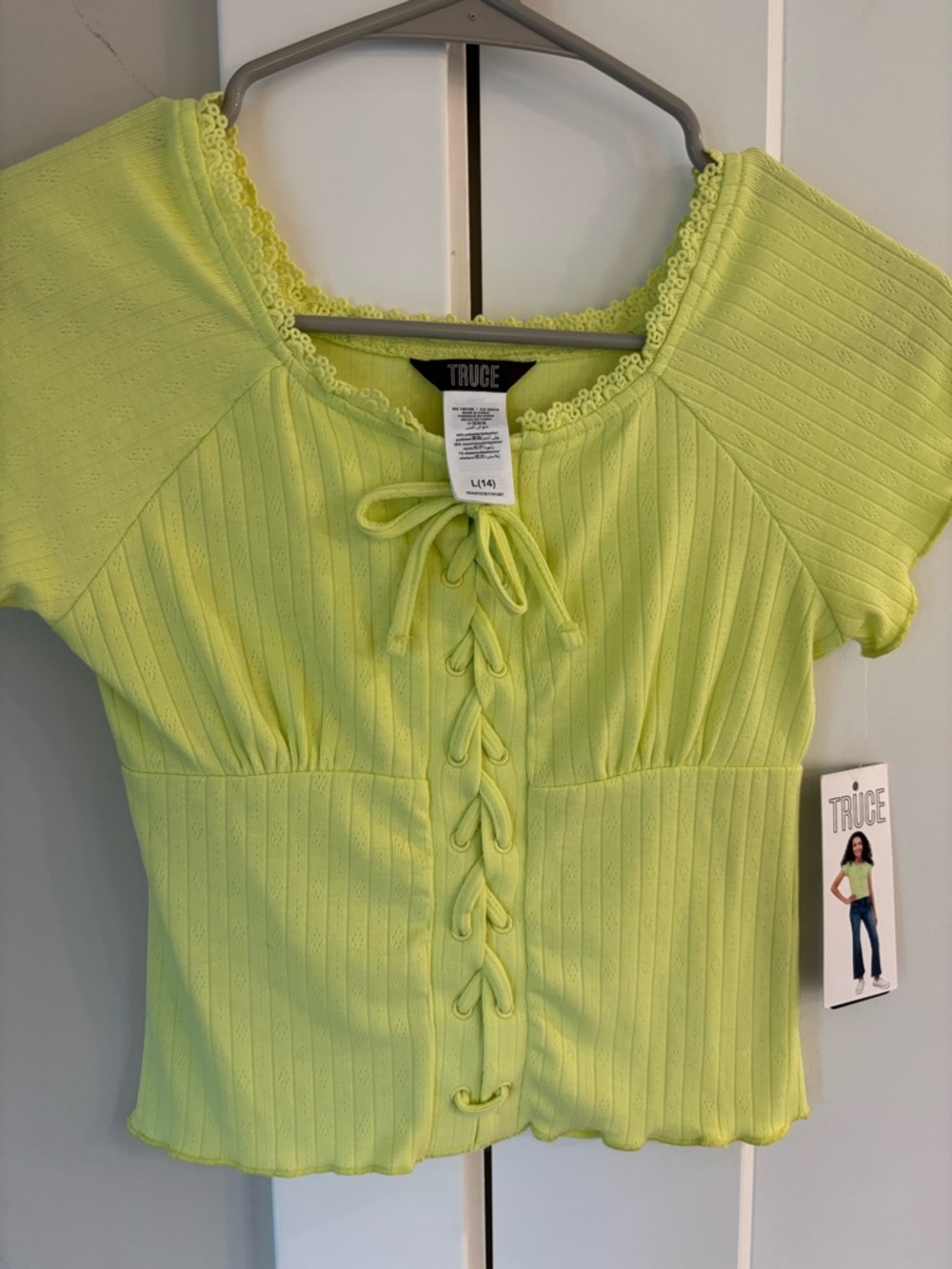 TRUCE Lime Lace-Up Ribbed Crop Top with Scalloped Trim